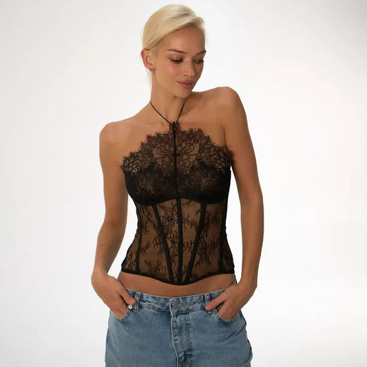 Koronkowy komplet z gorsetem halter