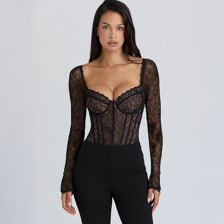 Koronkowe body damskie z długim rękawem